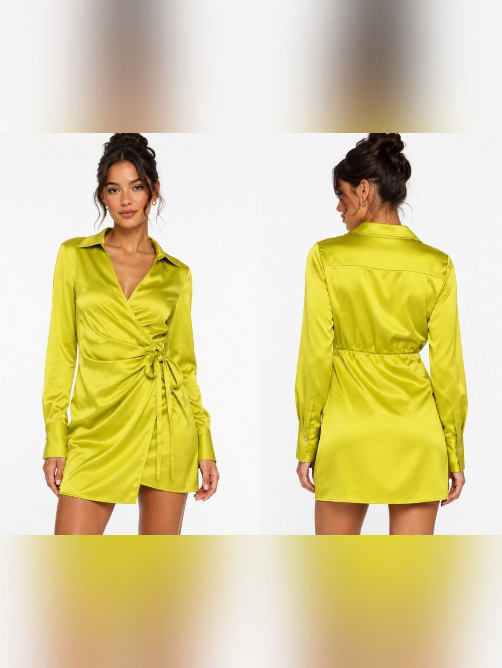 Gianni Bini Satin Wrap Mini Dress Size 4 Chartreuse Long Sleeve